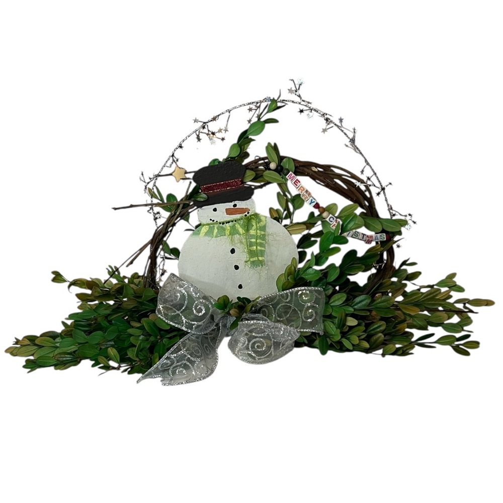 Charming Snowman Wreath Table Sitter with Green and Silver Details